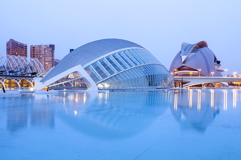 The Hemsiferic and El Palau de les Arts Reina Sofia in the City of Arts and Sciences (Ciudad de las Artes y las Ciencias) in Valencia, Spain, Europe