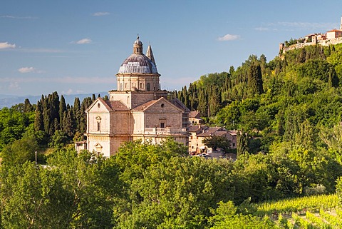 Tempio di San Biagio in Montepulciano. The church, an example of Renaissance Greek cross central plan, was designed by Antonio da Sangallo the Elder, who was inspired by the Basilica of Santa Maria delle Carceri in Prato. The area is part of the Val d'Orc