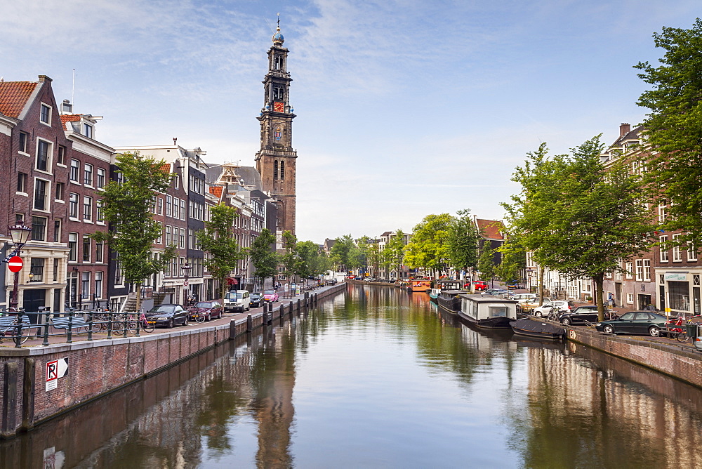 Wester Kerk church and Prinsengracht canal in the historic centre of Amsterdam, UNESCO World Heritage Site, Amsterdam, The Netherlands, Europe