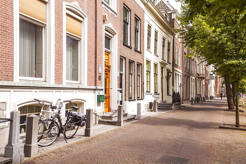 Typical house facades in the historic centre of Delft, The Netherlands, Europe