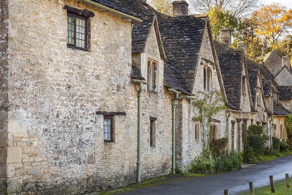 A row of medieval houses at Arlington Row, Bibury in Gloucestershire, Cotswolds, England, United Kingdom, Europe