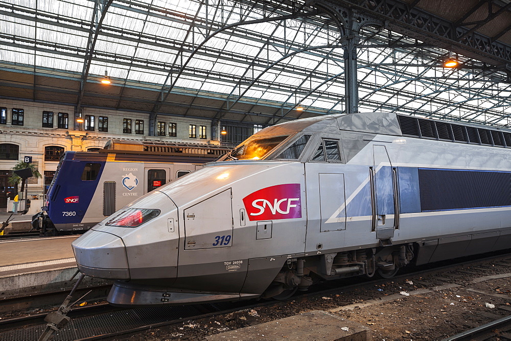 A TGV and a local TER train await departure at Tours station, Indre et Loire, France, Europe