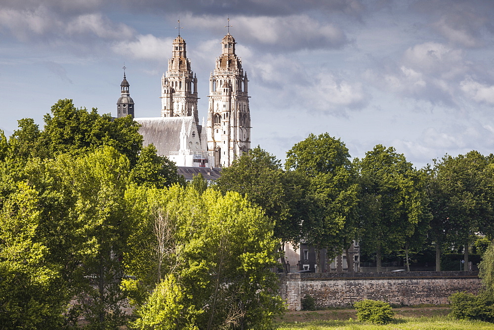 Looking across the River Loire towards the Cathedral of Saint Gatien in Tours, Indre et Loire, France, Europe