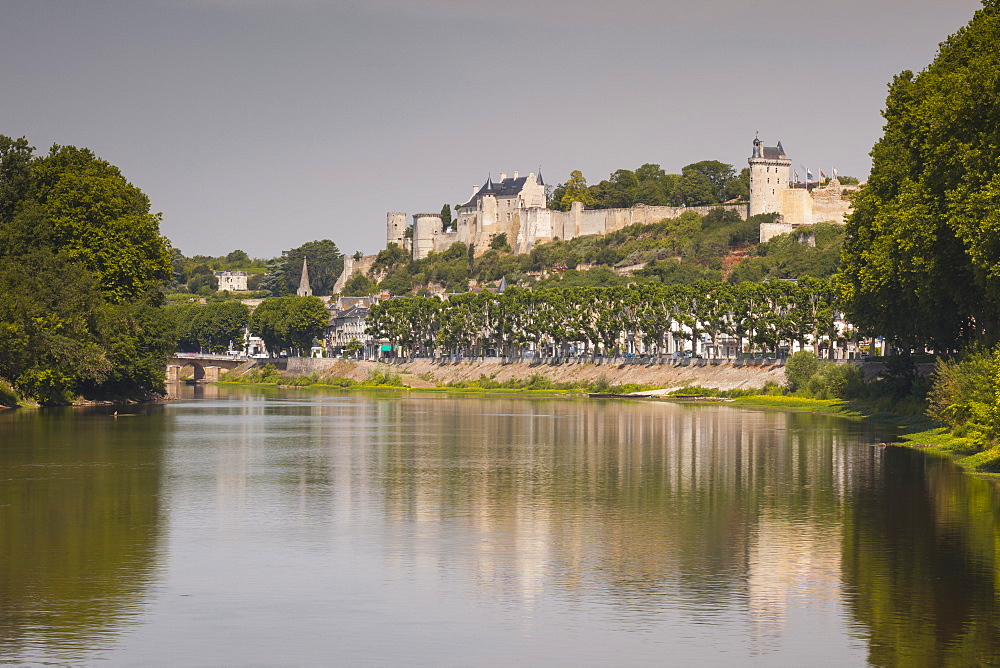 Looking down the River Vienne towards the town and castle of Chinon, Indre et Loire, France, Europe