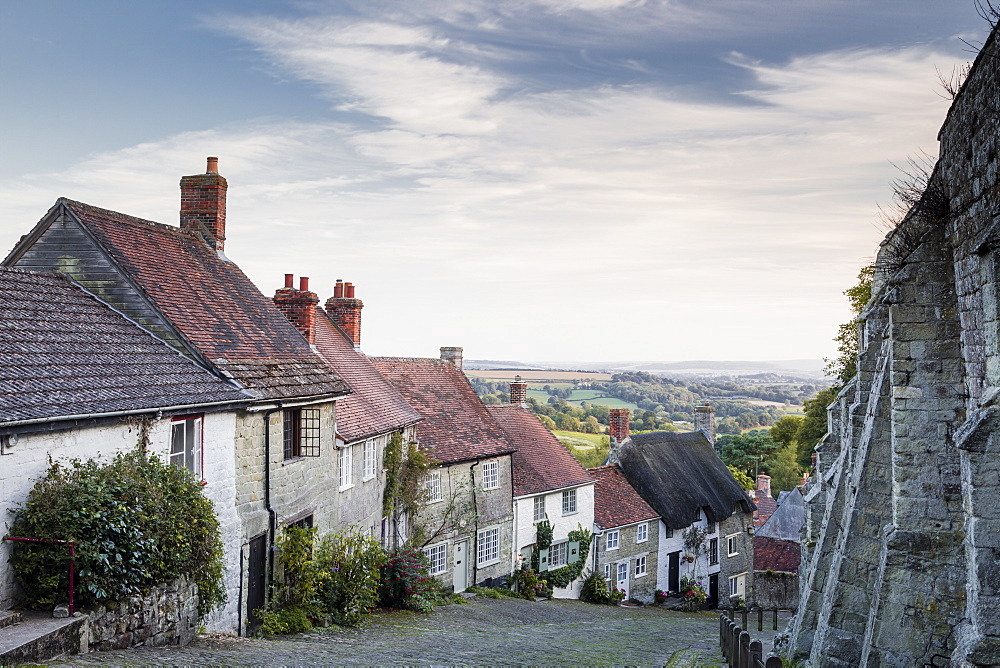 The iconic and classic view from Gold Hill in Shaftesbury, Dorset, England, United Kingdom, Europe