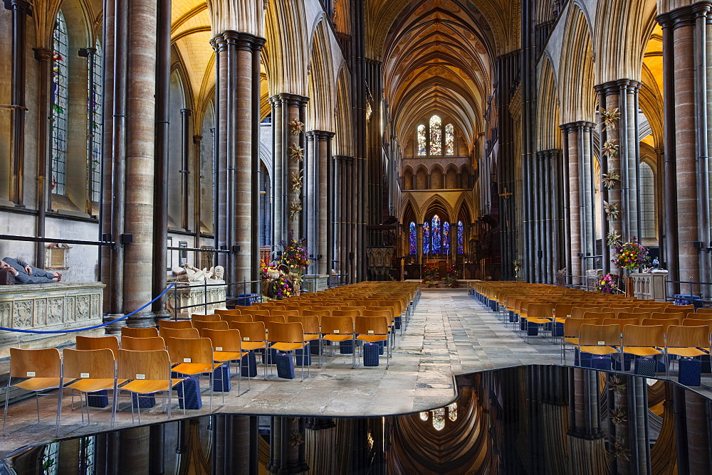 Looking down the magnificent nave of Salisbury Cathedral, Salisbury, Wiltshire, England, United Kingdom, Europe