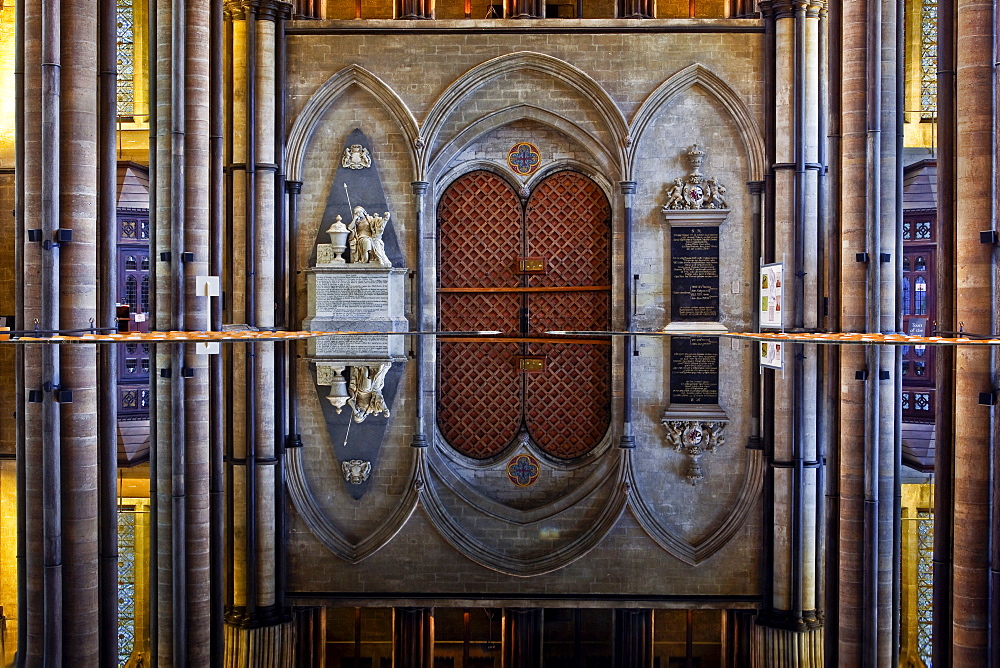 Looking across the still waters of the font in Salisbury Cathedral, Salisbury, Wiltshire, England, United Kingdom, Europe