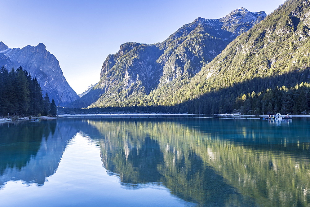 Lago di Dobbiaco (Toblacher See) in the Italian Dolomites, South Tyrol, Italy, Europe