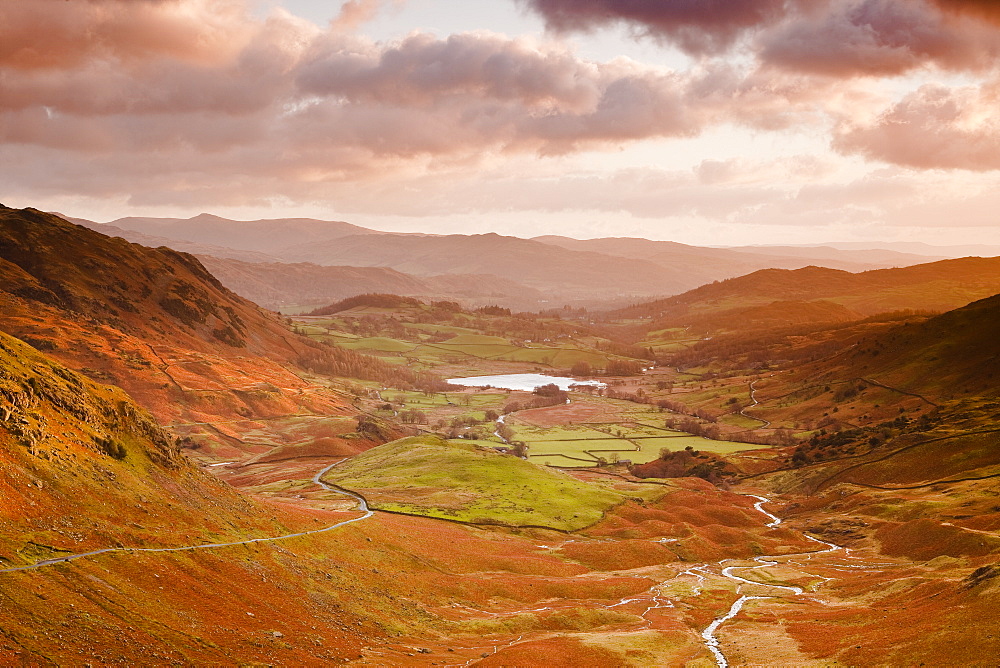 Looking down the Wrynose Pass to Little Langdale in the Lake District National Park, Cumbria, England, United Kingdom, Europe