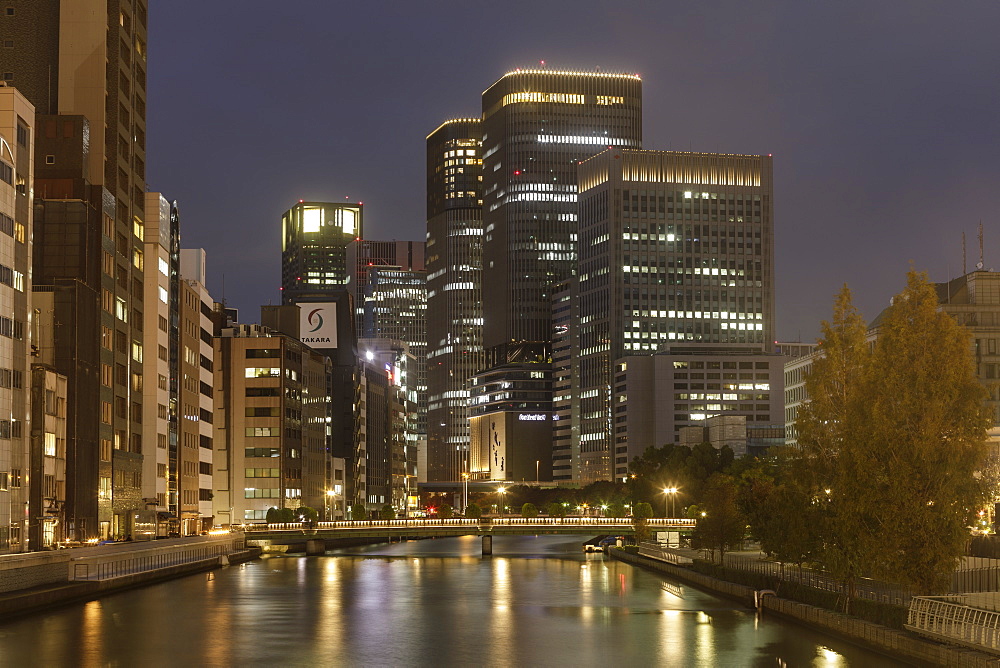 High rise office buildings in the Dotonbori area of Osaka, Japan, Asia