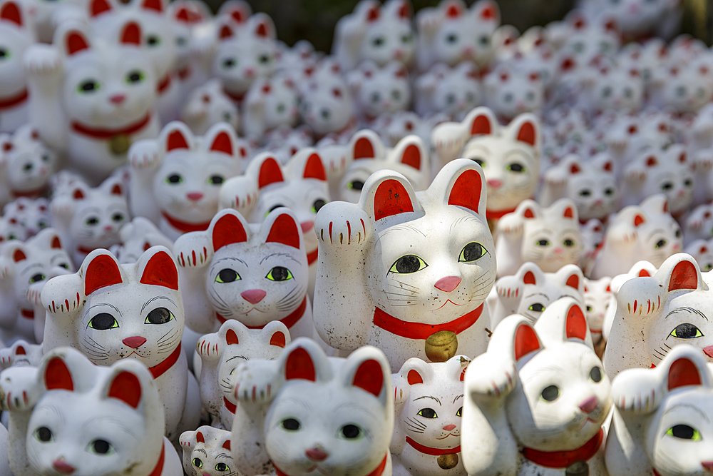 Cat statues in Gotokuji Temple in Setagaya city, Tokyo, Japan, Asia