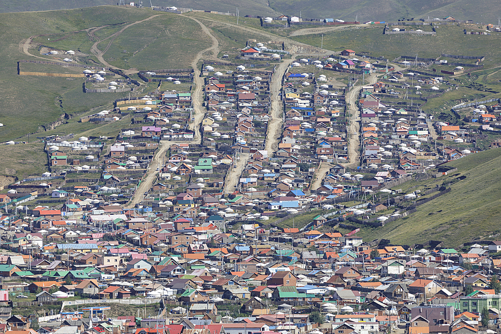 Looking down on the outskirts of Ulaanbaatar in Mongolia, Central Asia, Asia