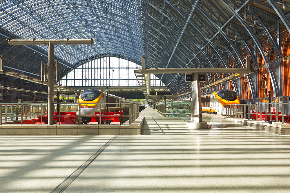 Two Eurostar trains await departure at St. Pancras International, London, England, United Kingdom, Europe