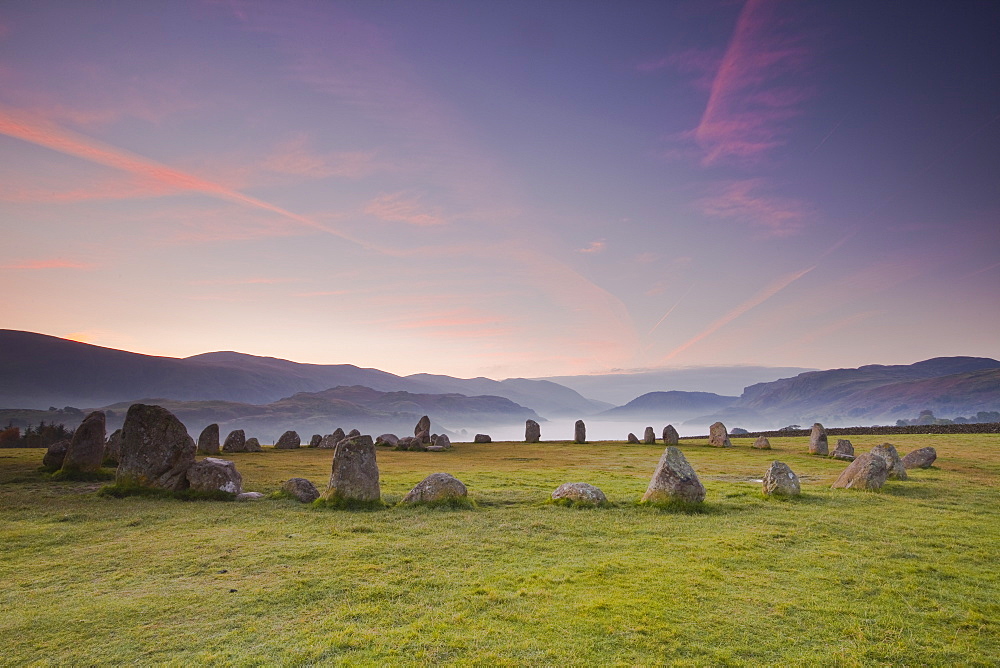 Castlerigg stone circle at dawn in the Lake District National Park, Cumbria, England, United Kingdom, Europe