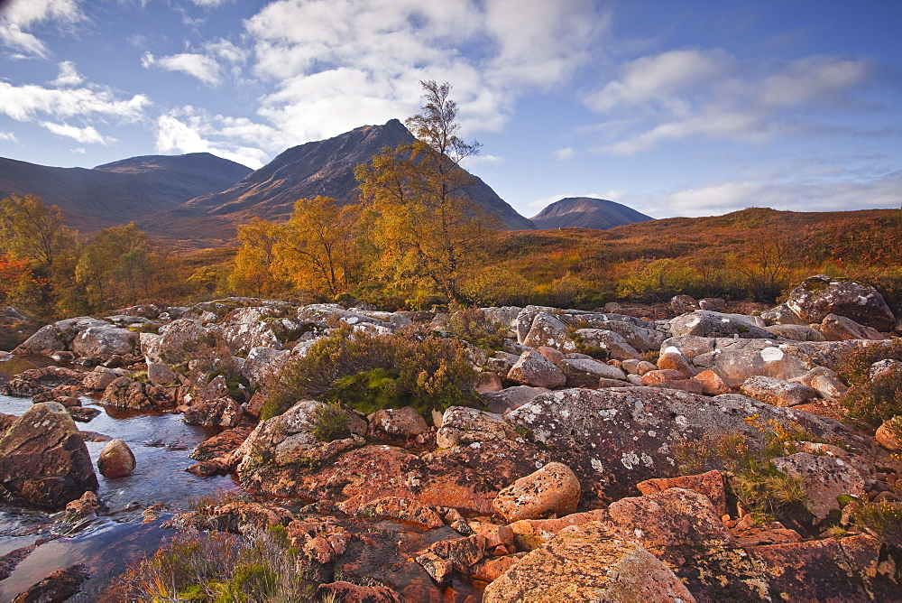 Stob a Ghlais Choire with the river Etive flowing past it, an area on the corner of Glen Coe and Glen Etive, Scotland, United Kingdom, Europe