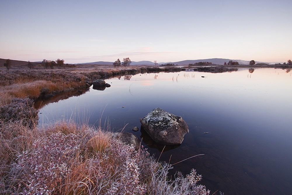 Loch Ba on a frosty morning at Rannoch Moor, a Site of Special Scientific Interest, Perth and Kinross, Highlands, Scotland, United Kingdom, Europe