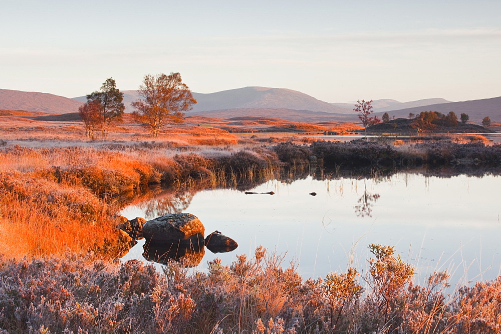 Loch Ba on a frosty morning at Rannoch Moor, a Site of Special Scientific Interest, Perth and Kinross, Highlands, Scotland, United Kingdom, Europe