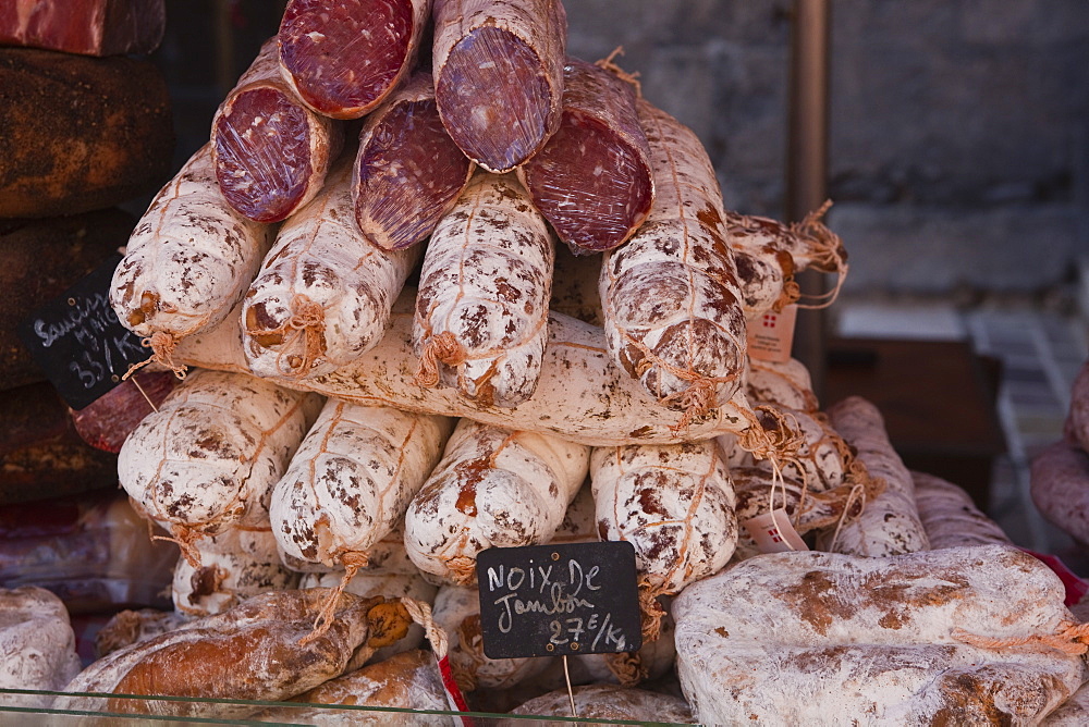 Saucisson on sale at a market in Tours, Indre-et-Loire, Loire Valley, France, Europe 