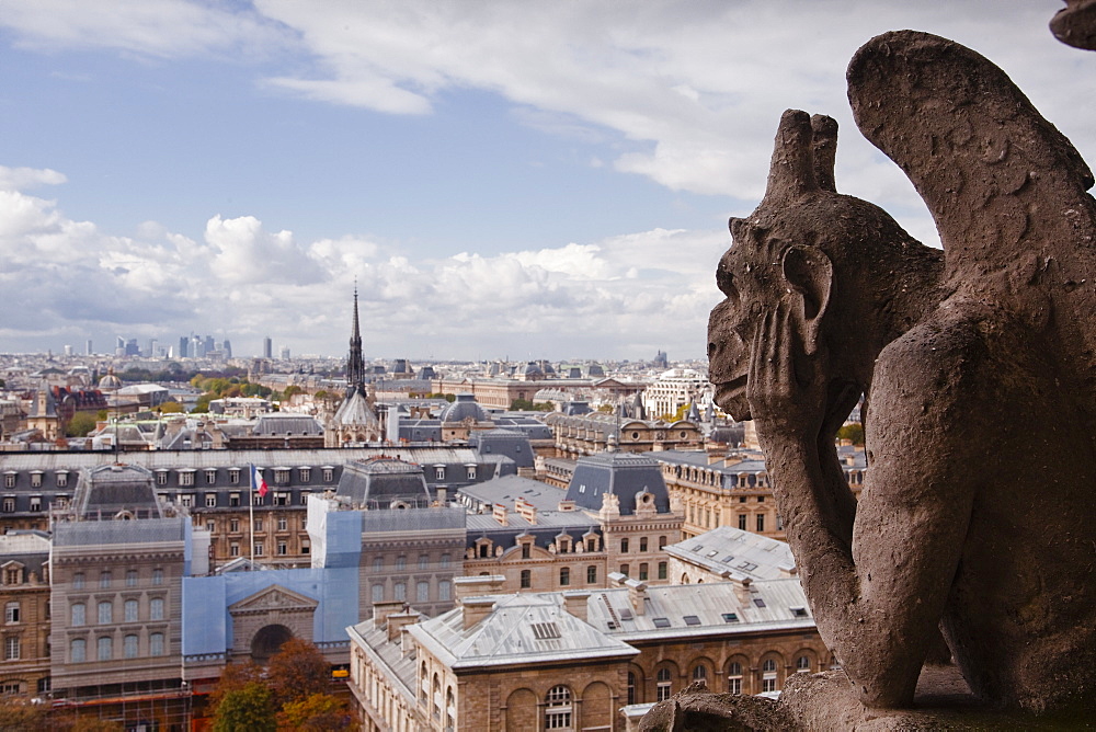 A gargoyle stares out from Notre Dame de Paris cathedral, Paris, France, Europe