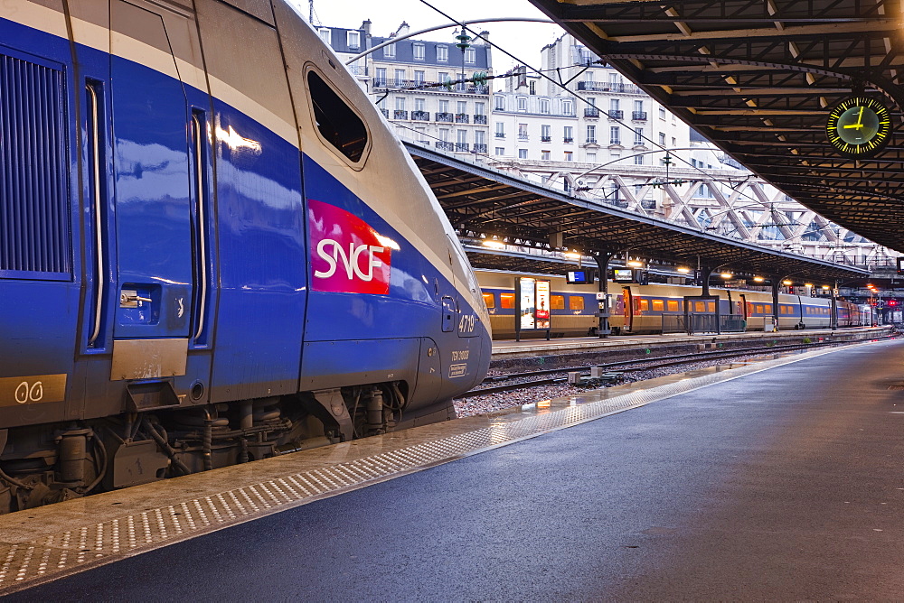 A TGV awaits departure at Gare de l'Est in Paris, France, Europe