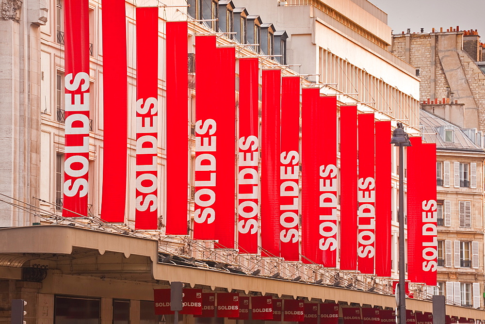 Sale sign banners in central Paris, France, Europe