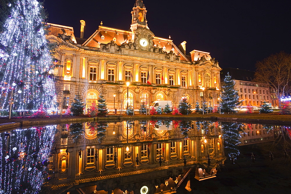 The Mairie (town hall) of Tours lit up with Christmas lights, Tours, Indre-et-Loire, France, Europe