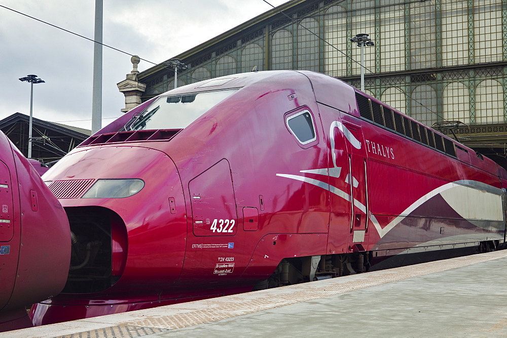 A Thalys high speed train awaits departure at Gare du Nord railway station, Paris, France, Europe