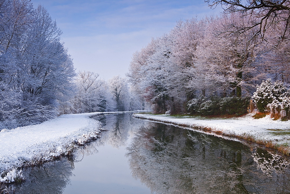 The Canal de Berry after a snow shower, Loir-et-Cher, Centre, France, Europe 