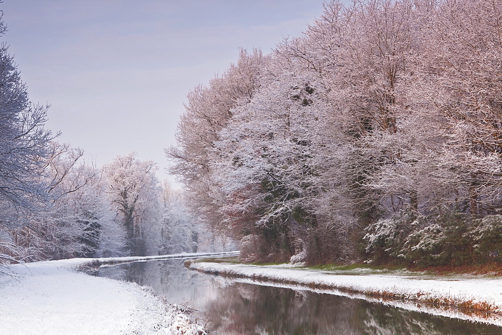 The Canal de Berry after a snow shower, Loir-et-Cher, Centre, France, Europe 