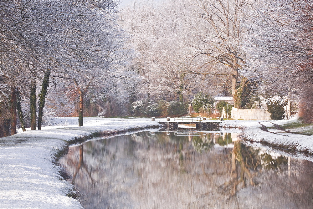 The Canal de Berry after a snow shower, Loir-et-Cher, Centre, France, Europe