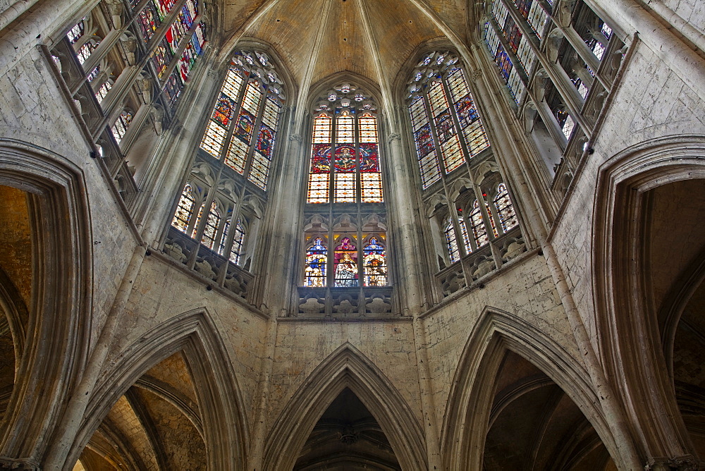 The beautiful stained glass above the choir in the Abbaye de la Trinite, Vendome, Loir-et-Cher, Centre, France, Europe 