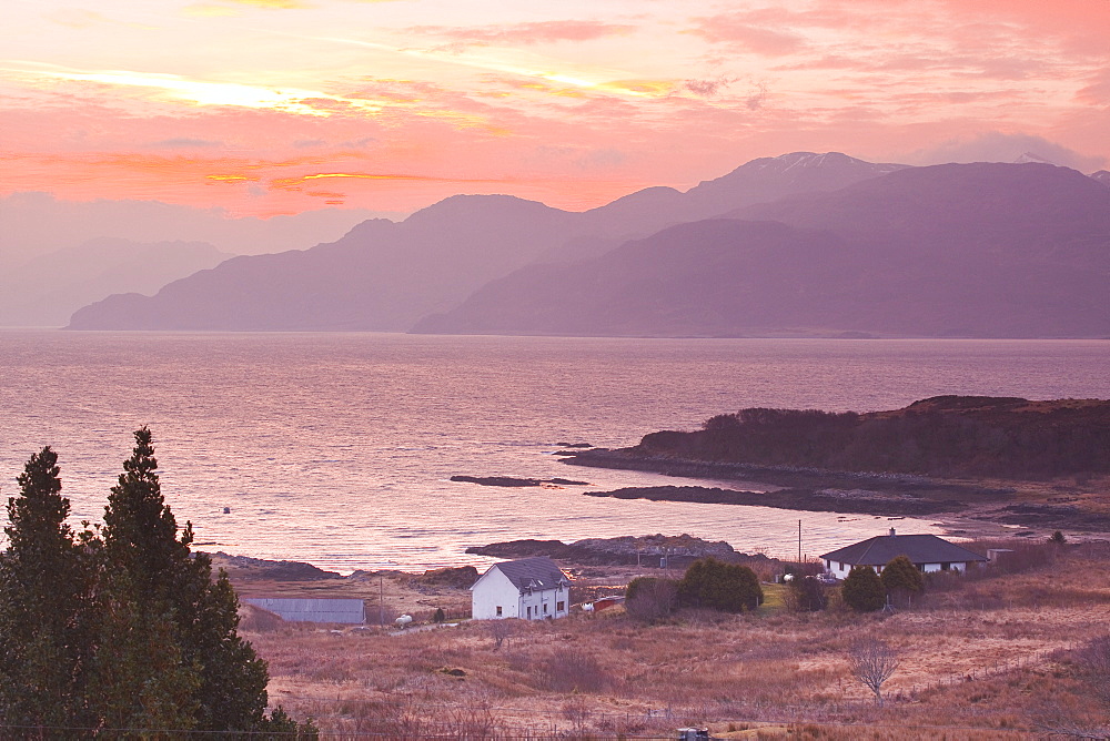 The Sound of Sleat during sunrise from the Isle of Skye, Inner Hebrides, Scotland, United Kingdom, Europe 