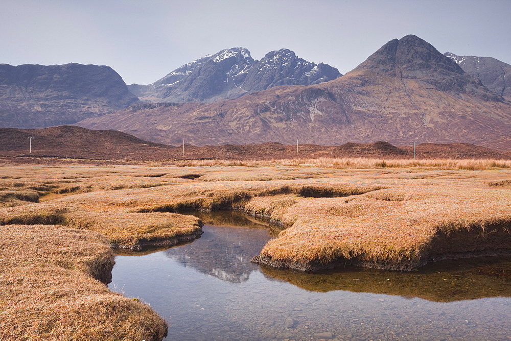 Loch Slapin and the mountain range of Strathaird on the Isle of Skye, Inner Hebrides, Scotland, United Kingdom, Europe 