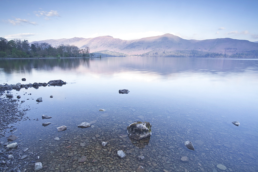 The still waters of Derwent Water in the Lake District National Park, Cumbria, England, United Kingdom, Europe