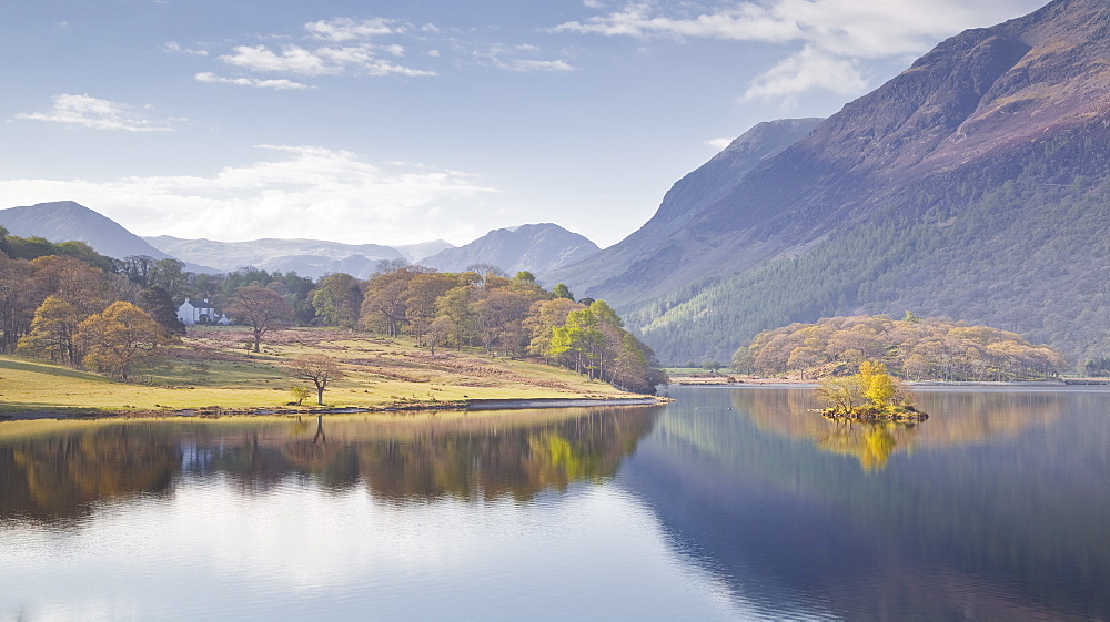 The still waters of Crummock Water in the Lake District National Park, Cumbria, England, United Kingdom, Europe 