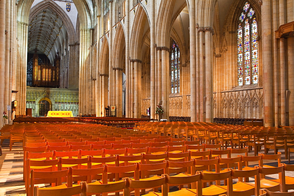 The nave of York Minster, one of the finest examples of Gothic architecture in Europe, York, Yorkshire, England, United Kingdom, Europe 