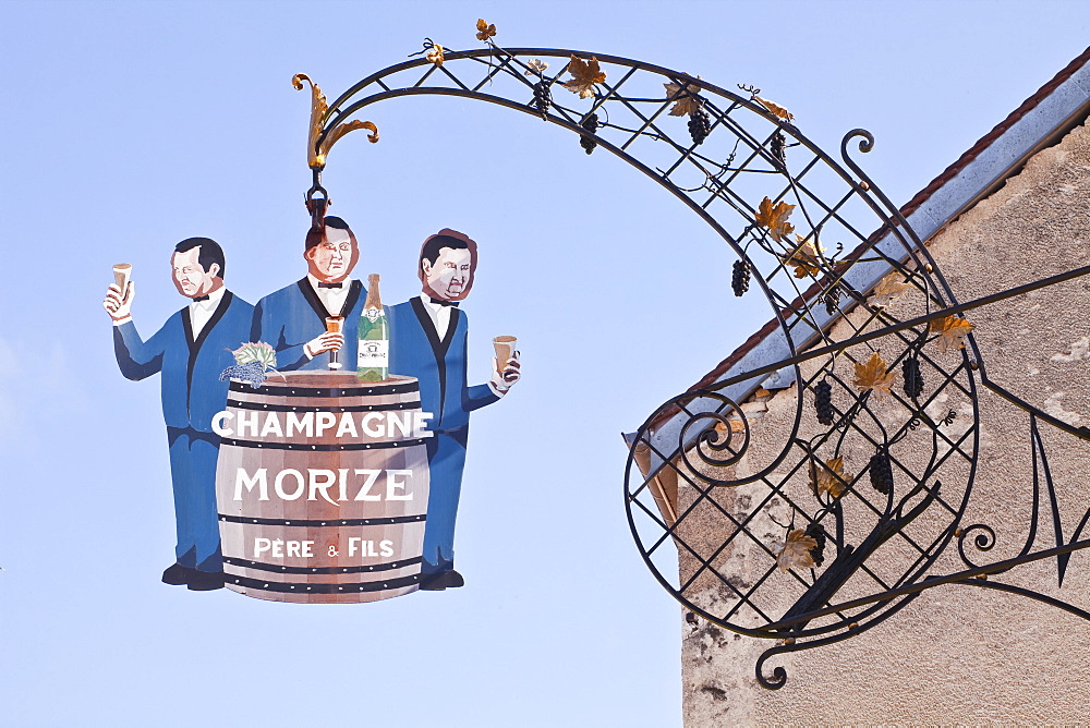 A sign in the village of Les Riceys for Morize Pere et Fils Champagne, Aube, Champagne-Ardennes, France, Europe