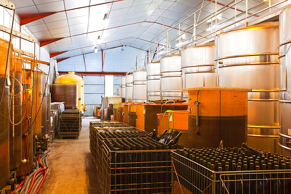 Wine vats and bottles at Gitton Pere et Fils in Sancerre, Cher, Centre, France, Europe