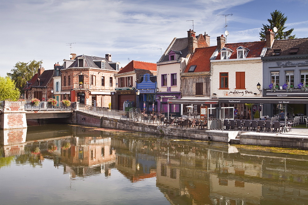 Shops and houses in the Saint Leu district of Amiens, Somme, Picardy, France, Europe