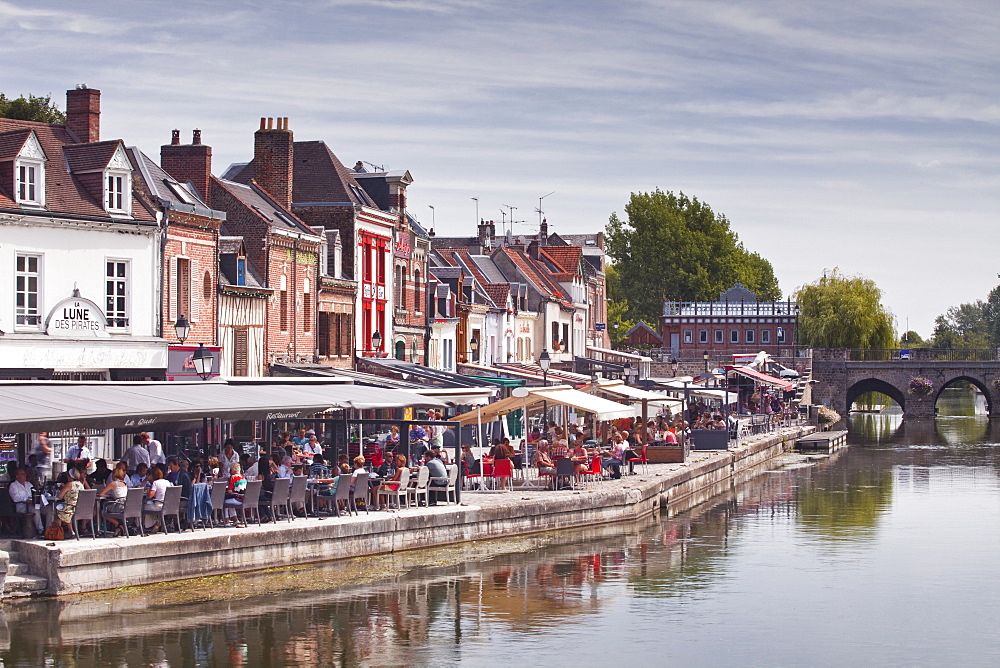 Shops and houses in the Saint Leu district of Amiens, Somme, Picardy, France, Europe