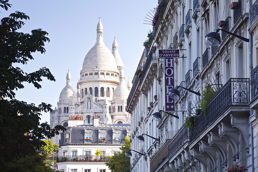 Sacre Coeur through the streets of Montmartre in Paris, France, Europe