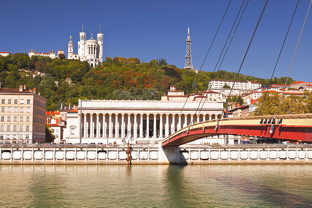 Passerelle du Palais de Justice over the River Saone, with the Palais de Justice in the background along with Notre Dame de Fourviere, Lyon, Rhone, Rhone-Alpes, France, Europe 