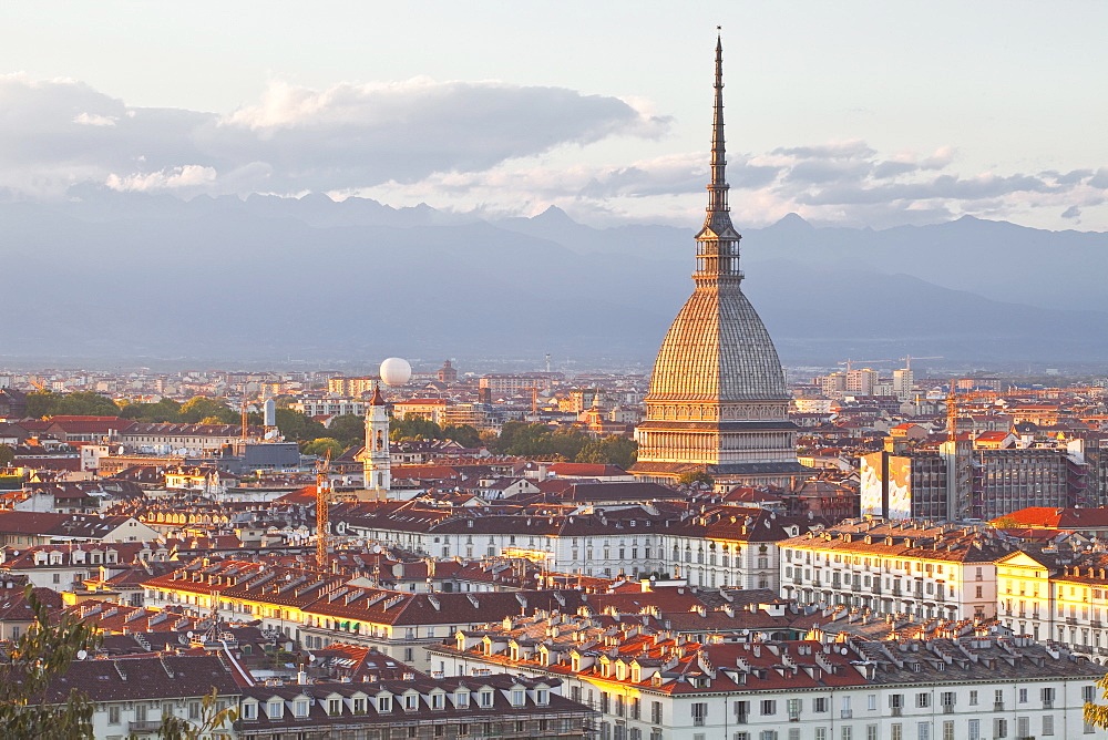 The Mole Antonelliana rising above Turin at sunset, Turin, Piedmont, Italy, Europe