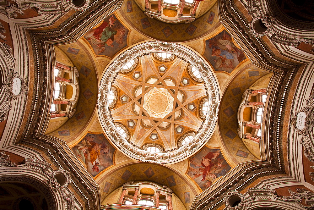 The complex geometrical baroque ceiling of San Lorenzo church, designed by the architect Guarino Guarini in the 17th century, Turin, Piedmont, Italy, Europe