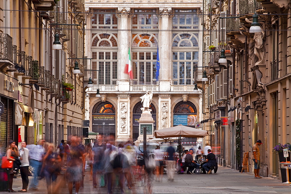 A bustling Via Giuseppe Garibaldi with Palazzo Madama at the end, Turin, Piedmont, Italy, Europe