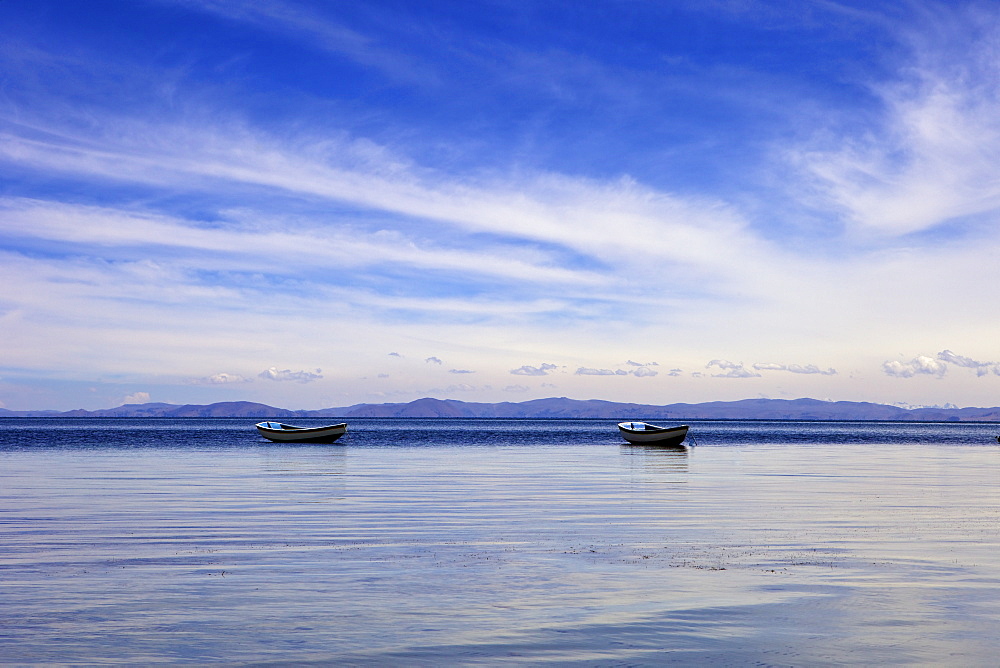 Two boats on the lake, Kollabaya, Challapampa, Isla del Sol, Lake Titicaca, Bolivia, South America