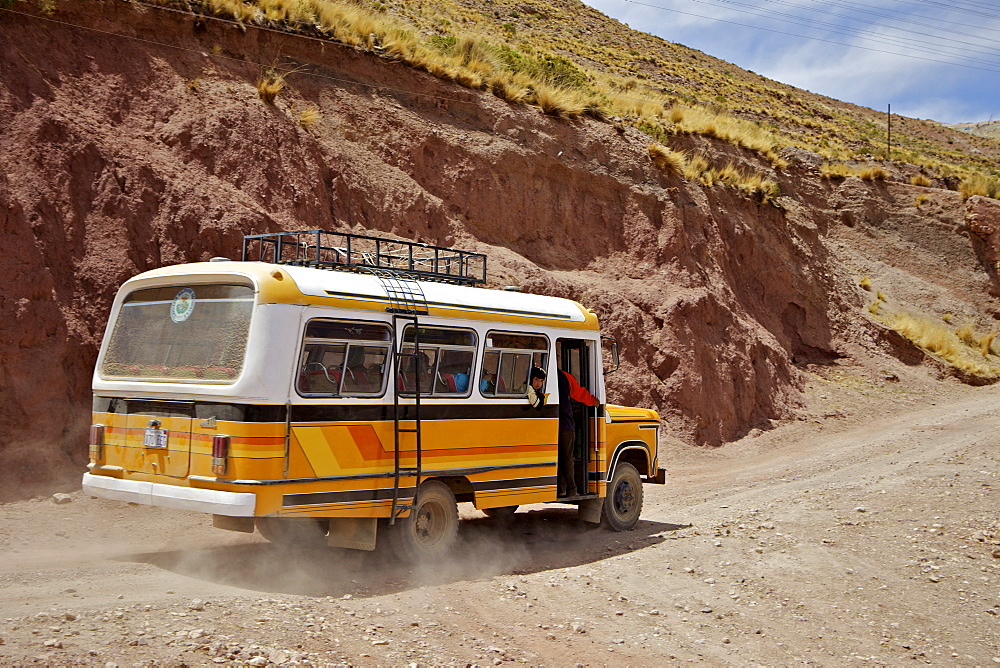 Boy looking out the window of bus, Pulacayo, Bolivia, South America