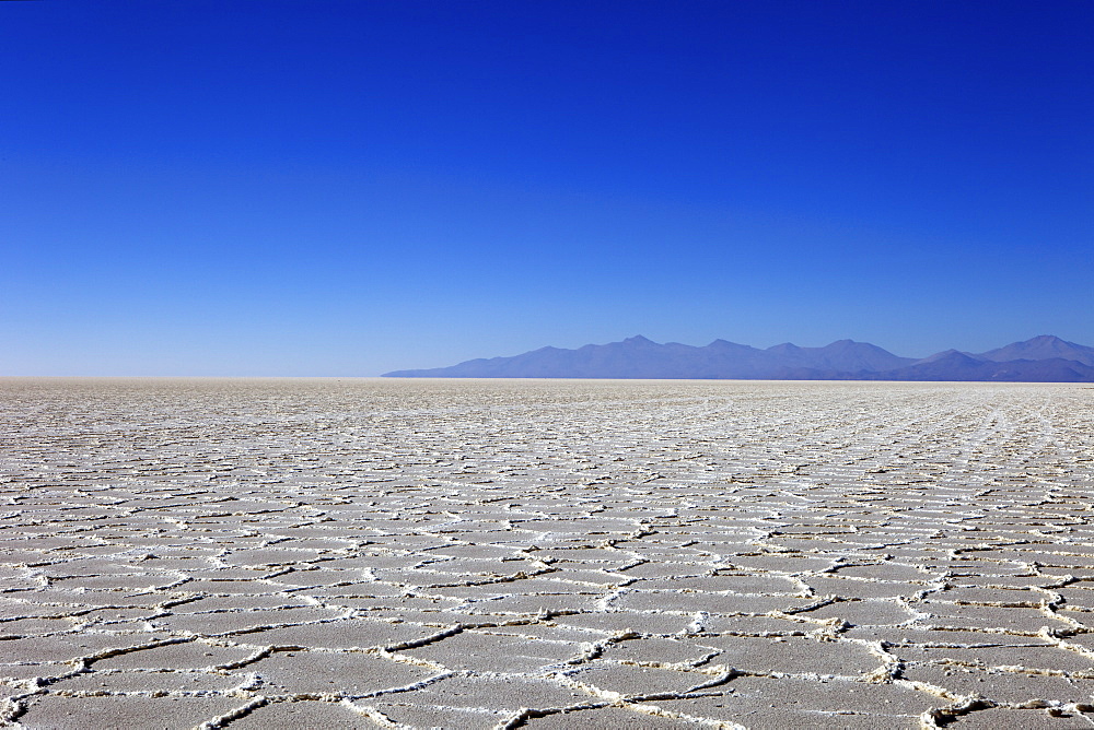 Details of the salt deposits in the Salar de Uyuni salt flat and the Andes mountains in the distance in south-western Bolivia, Bolivia, South America