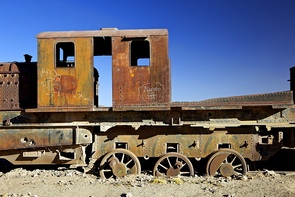 Rusting old steam locomotives at the Train cemetery (train graveyard), Uyuni, Southwest, Bolivia, South America