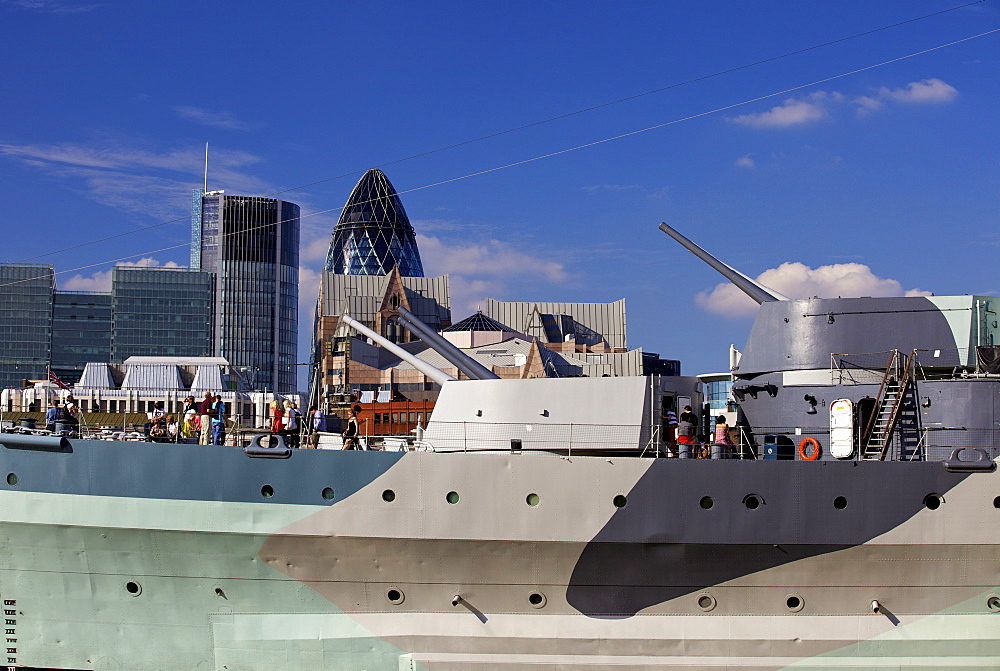 HMS Belfast WW2 battleship now a floating museum, is moored on the River Thames near London Bridge, London, England, United Kingdom, Europe